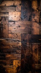 Textured background of old reclaimed wooden blocks in a mosaic pattern.