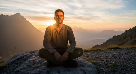 Man Sitting on Mountain Peak Rock – Adventure Freedom and Nature Exploration