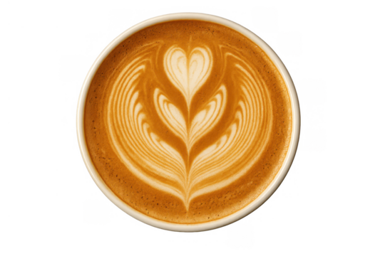 Coffee latte art creating heart and leaf pattern in cup, top view on transparent background - Powered by Adobe