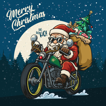 A vibrant cartoon-style illustration featuring a cool and modern Santa Claus riding a big motorcycle on Christmas night. Santa wears his classic red outfit paired with stylish sunglasses, 