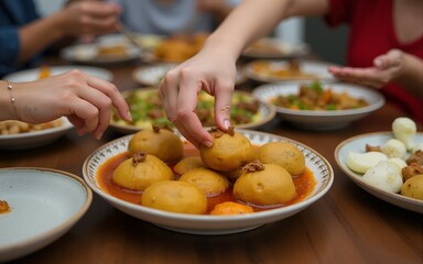 Vegetarian Indian food. several people eat Indian food at a common table together. The girl's hand takes Samos from the plate. High quality