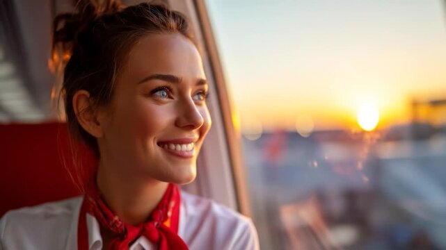 Young woman smiling window view golden sunset light travel journey