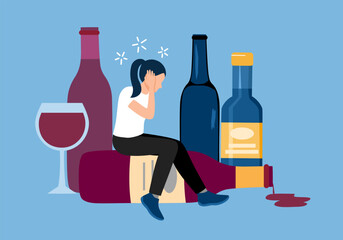 Drunk woman sitting with alcohol wine bottles in flat design.