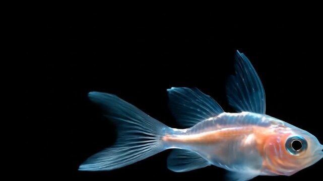 Translucent fish swimming against dark background delicate aquatic creature macro close up studio shot