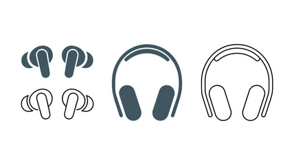 Collection of earbud and headphone icons in flat and outline styles