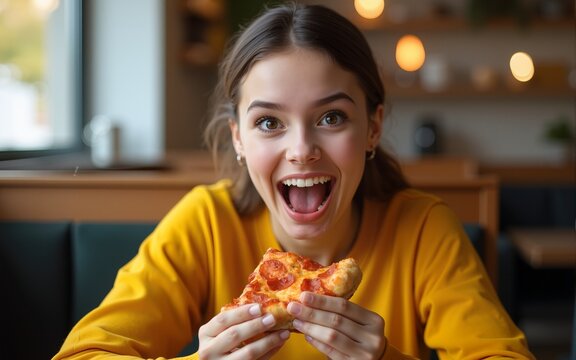 Funny brunette girl in yellow sweater eating pizza at restaurant. High quality