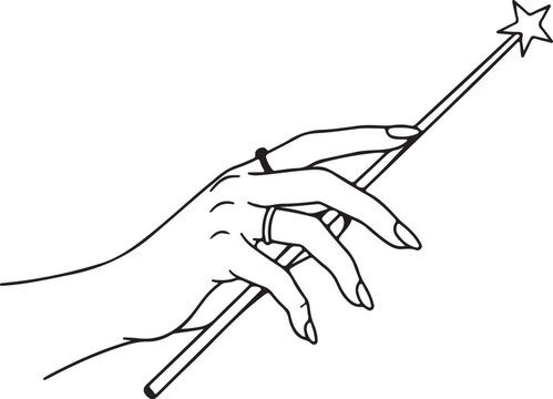 Elegant Hand Holding Magic Wand with Star &ndash; Fantasy Line Art for Enchantment, Witchcraft, and Wizardry Themes