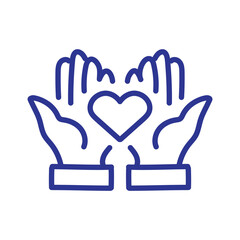 Obraz premium Blue line art icon of two open hands holding a heart, symbolizing love, charity, and support.