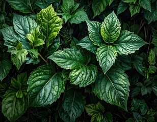 Textured green plant leaves growing in a dense natural background.