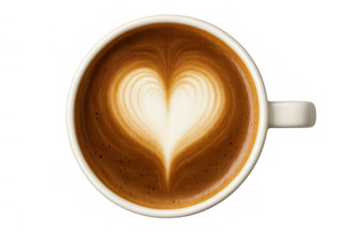Coffee mug with heart latte art, top view, representing love, passion, and a perfect start to the day