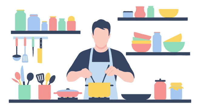 Flat vector illustration of a faceless man cooking in the kitchen