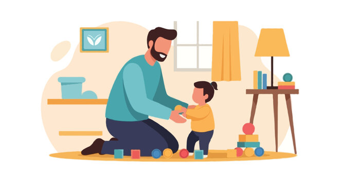 Flat vector illustration of a faceless father playing with his child indoors, father kneeling and smiling, colorful toys scattered, warm and cheerful mood