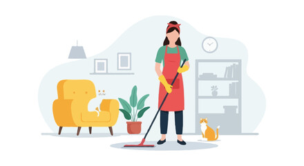 Flat vector illustration of a faceless woman mopping the floor in a cozy living room