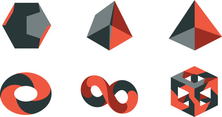 Fun Geometry Shapes Icon Set – Abstract 2D Geometric Solids, Dodecahedron, Prism, Torus, Möbius Strip, Fractal Cube, Minimal Vector Design