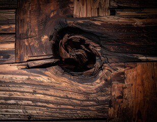 Textured surface of an old wooden beam with a swirling knot.