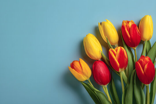 A bouquet of yellow and red tulips on a blue background