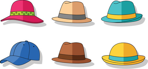 Hat illustration, fedora styles, baseball cap, colorful headwear, fashion accessories, vector art, stylish hats, design variety, top view, clipart