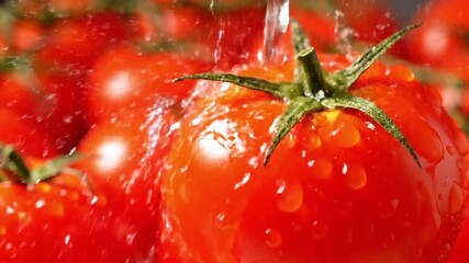 Juicy red tomatoes getting a refreshing wash, perfect for cooking content and healthy eating ads
