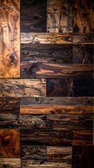 Textured Wall of Reclaimed Wood Blocks in Various Tones.