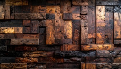 Textured wall of reclaimed wood blocks in various shades of brown creating a rustic background for interior design.
