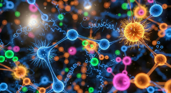 Abstract background of colorful glowing neurons and molecules for concept of science, biology, neuroscience, or medical technology