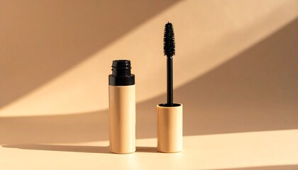 Beige tube and mascara wand on neutral backdrop with dramatic lighting
