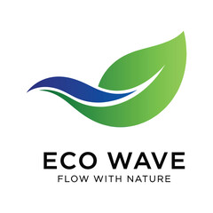 Eco wave logo featuring a leaf and wave, flow with nature isolated on white background