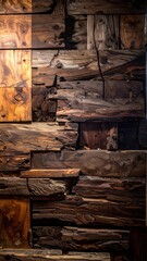 Textured Wall of Stacked Reclaimed Wood Blocks with Dramatic Lighting.