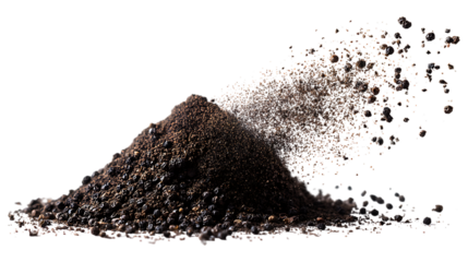 Black pepper mountain exploding on transparent background, peppercorns flying in the air
