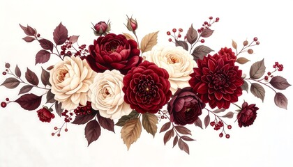 Bouquet of burgundy and cream roses with surrounding foliage