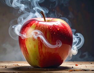 A vibrant red apple with wisps of smoke rising around it on a wooden surface