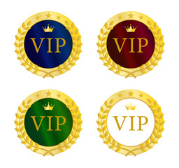 ゴールドリースで囲んだ青・赤・緑・白のVIPメダルアイコンセット（高級感ある会員証デザイン素材）