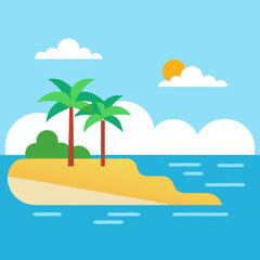 Flat design tropical island paradise with palm trees and sunny sky