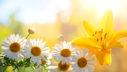 Bright composition featuring daisies, a lily, and golden sunlight
