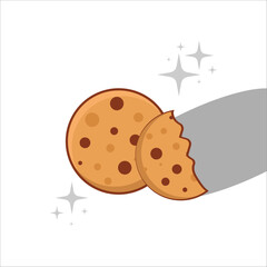Minimalist flat illustration of chocolate chip cookie in warm golden brown and cocoa brown tones with bite taken and subtle long grey shadow for festive Christmas holiday banner background