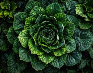 Top down view of a dark green leafy plant forming a natural symmetrical rosette pattern.