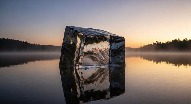 Ice cube on lake at sunrise reflection water nature landscape cold frozen clear crystal block outdoor