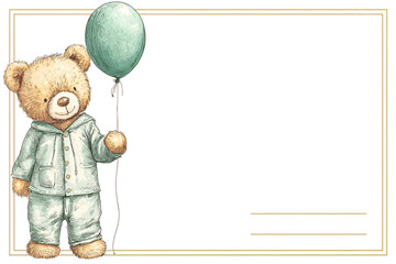 A holiday card with a teddy bear in blue pajamas and a balloon with copy space
