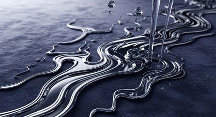 Abstract liquid metal flow art design with shiny surface and water droplets on dark background texture photo