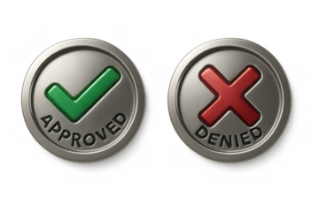 Approved and denied push buttons with check mark and cross symbol, representing choice and decision making on transparent background