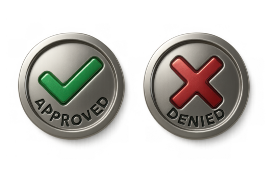 Approved and denied push buttons with check mark and cross symbol, representing choice and decision making on transparent background