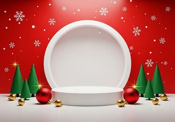 Christmas podium with trees, ornaments, and snowflakes on a red background