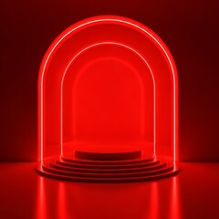 Red neon light arch with podium for product display on dark background