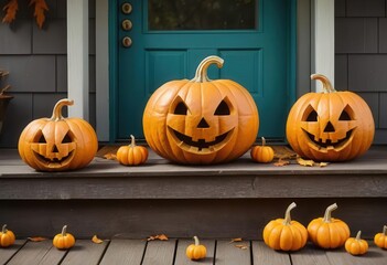 Obraz premium Festive Halloween Pumpkins with Smiling Faces on Front Porch