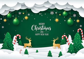 Merry christmas and happy new year background with deer and ornament in paper style