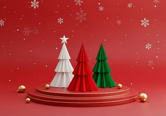 Three colorful christmas trees on a red podium with snowflakes falling down
