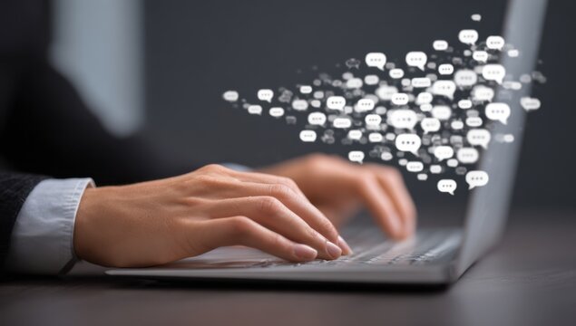 Close-up of hands typing on a laptop with digital chat bubbles floating above