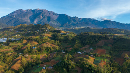 Aerial drone image of the greatest Mount Kinabalu of Sabah, Borneo during Sunrise.