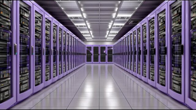 Futuristic server room perspective down long corridor in modern data center. Purple network rack cabinets represent powerful infrastructure, cloud computing technology, big data storage and security