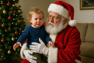 Santa Claus comforting a scared child during Christmas with a decorated tree in the background